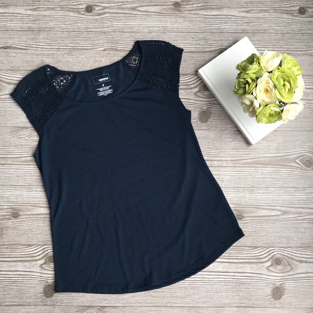 Sonoma Crocheted Cap Sleeve Navy Blue Top